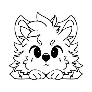 Hand-drawn vector illustration of a portrait of a little wolf cub lying down, Stock Illustration