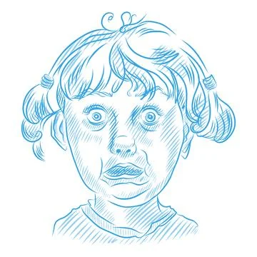 Hand-drawn vector illustration. Portrait of a little surprised girl, blue lin Illustration