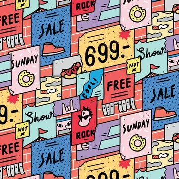 Hand drawn vector illustration of poster on brick wall pattern. Stock Illustration