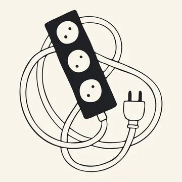 Hand drawn vector illustration of a power strip with three outlets and a long Stock Illustration