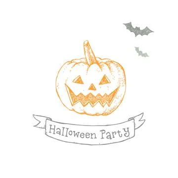 Hand drawn vector illustration of pumpkin, Halloween Party text, bat. Stock Illustration