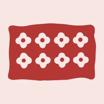 Hand drawn vector illustration of a rectangular red pillow with pink floral Stock Illustration