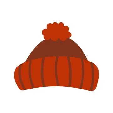 Hand drawn Vector Illustration of Red Knit Winter Hat with Pom-Pom isolated on Stock Illustration