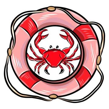 Hand drawn vector illustration of a red sea crab and a pink life preserver Illustrazione stock