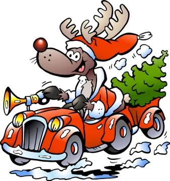 Hand-drawn vector illustration of an reindeer driving car Stock Illustration
