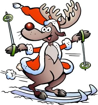Hand-drawn vector illustration of an reindeer skiing Stock Illustration