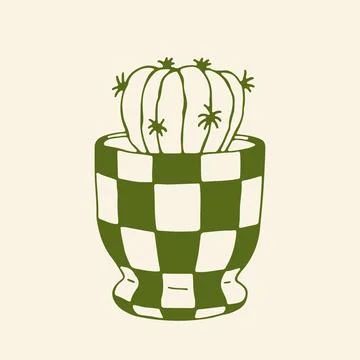 Hand drawn vector illustration of a round desert cactus in a stylish checkered Stock Illustration