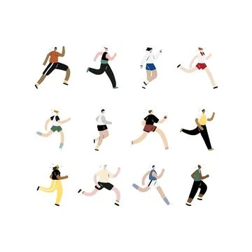 Hand drawn vector illustration of running and jogging people set Иллюстрация