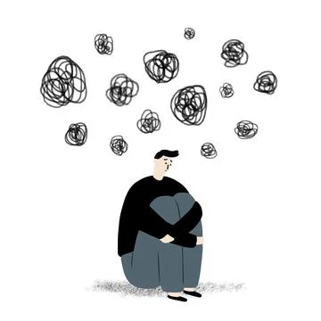 Hand drawn vector illustration of Sad man with confuse bubble 스톡 일러스트