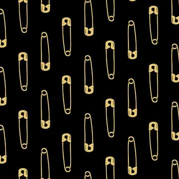 Hand drawn vector illustration of safety pin pattern on black background. Stock Illustration