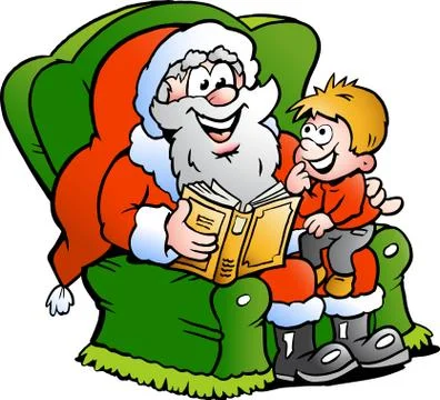 Hand-drawn vector illustration of an santa claus tells a story to an little b Stock Illustration