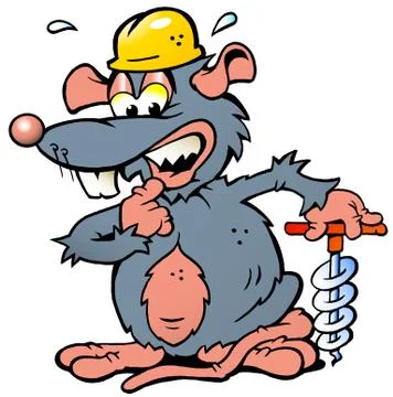 Hand-drawn vector illustration of an scared rat a scared rat holding a drill Stock Illustration