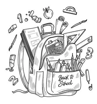 Hand drawn vector illustration of a school backpack with various back to sc.. Illustrazione stock