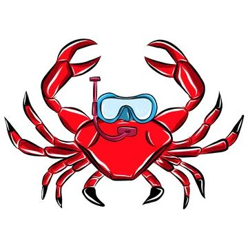 Hand drawn vector illustration of a sea crab wearing swimming goggles Illustrazione stock