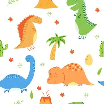 Hand drawn vector illustration of seamless pattern of cute dinosaurs and elem Stock Illustration