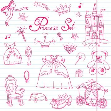 Hand drawn vector illustration set of princess sign, Castle, throne and carri 스톡 일러스트