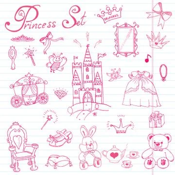 Hand drawn vector illustration set of princess sign, Castle, throne and carri イラスト素材
