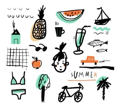 Hand drawn vector illustration set of travel, tourism and summer doodles elem Illustrazione stock