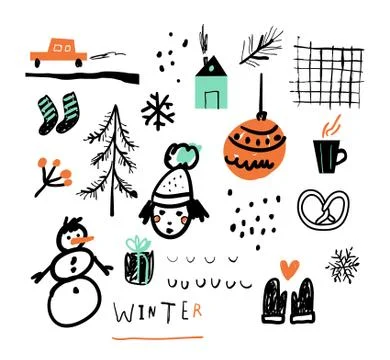 Hand drawn vector illustration set of winter doodles elements. Isolated on wh Illustrazione stock