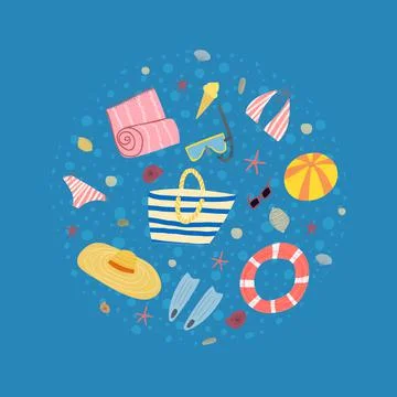 Hand drawn vector illustration of set with summer vacation beach set items hat Stock Illustration