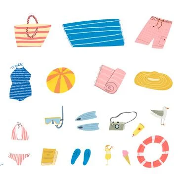 Hand drawn vector illustration of set with summer vacation beach set items hat Stock Illustration