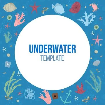 Hand drawn vector illustration of set with under water sea animals and plants Stock Illustration