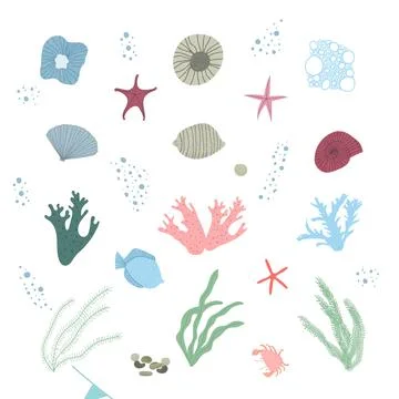 Hand drawn vector illustration of set with under water sea animals and plants Stock Illustration