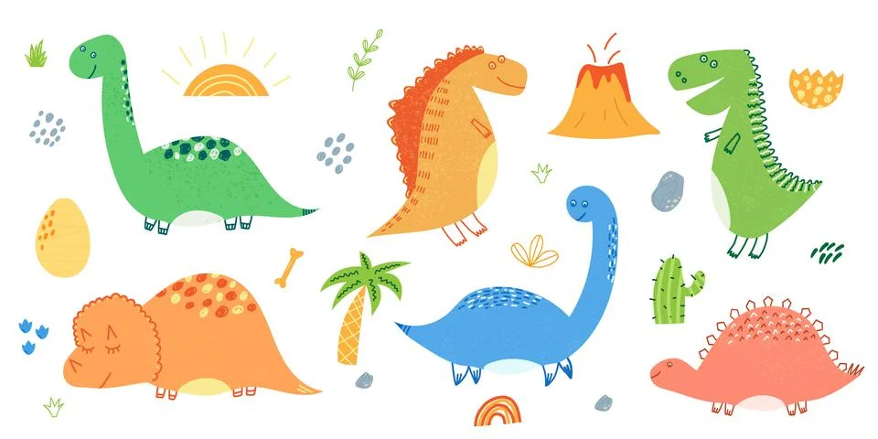 Hand drawn vector illustration of set of cute dinosaurs and elements like vol Stock Illustration