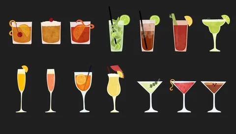 Hand drawn vector illustration set of popular alcohol drinks. Various cocktails Stock Illustration