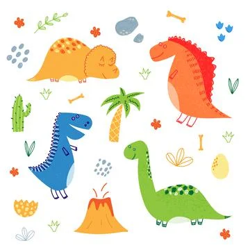 Hand drawn vector illustration of set of cute dinosaurs and elements like Stock Illustration