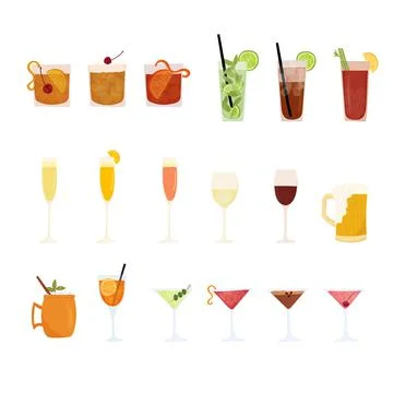 Hand drawn vector illustration set of various cocktails. Popular alcohol drinks Stock Illustration