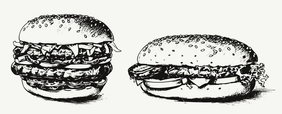 Hand-drawn vector illustration set featuring fast food items such as hambur.. Stock Illustration