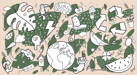 Hand drawn vector illustration of a set of ecology concepts, designs, and i.. Stock Illustration