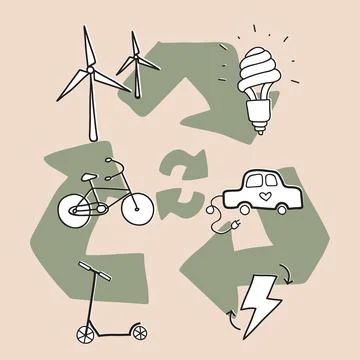 Hand drawn vector illustration of a set of ecology concepts, designs, and i.. Stock Illustration