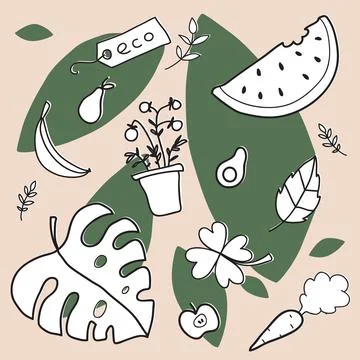 Hand drawn vector illustration of a set of ecology concepts, designs, and i.. Stock Illustration