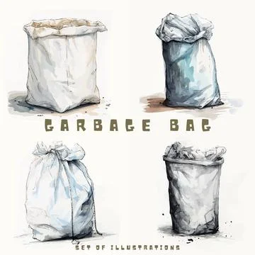 Hand drawn vector illustration of a set of three types of garbage bags. Stock Illustration