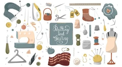 Hand drawn vector illustration - Set of knitting and sewing supplies. Needlework Stock Illustration
