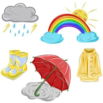 Hand-drawn vector illustration set. Bad weather, umbrella, puddles, clouds 스톡 일러스트