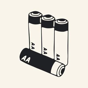 Hand drawn vector illustration of a single AA battery. Simple black and white Stock Illustration