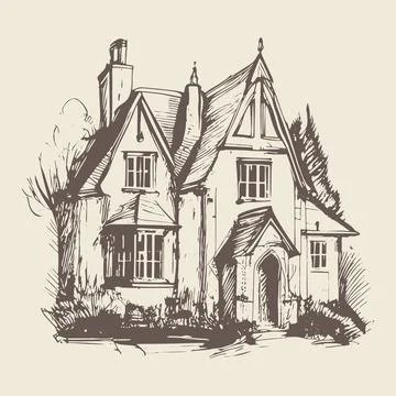 A hand-drawn vector illustration sketch of an old English house or manor, d.. Stock Illustration