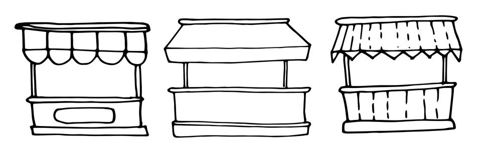 Hand-drawn vector illustration of a small shop icon with a canopy. Creative sign Stock Illustration
