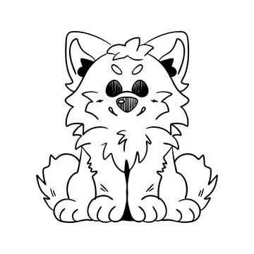 Hand drawn vector illustration of a small proud wolf cub sitting, line art Stock Illustration