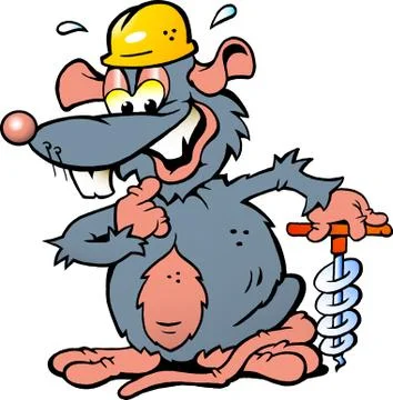 Hand-drawn vector illustration of an smiling rat holding a drill Stock Illustration