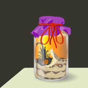 Hand drawn vector illustration of snake and scorpion wine liqueur Stock Illustration