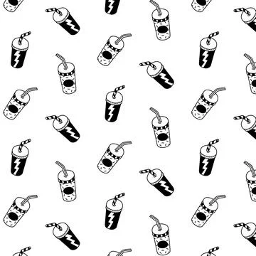 Hand drawn vector illustration of soft drink cup pattern. black and white. Stock Illustration