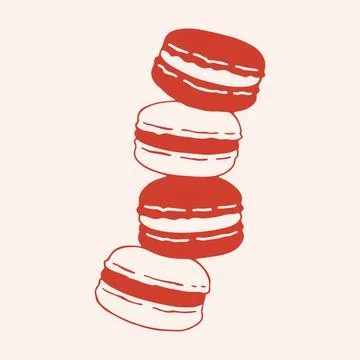 Hand drawn vector illustration of a stack of four macarons. Minimalist red line Stock Illustration