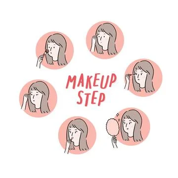 Hand drawn vector illustration of step to make up set. Woman Makeup process 스톡 일러스트
