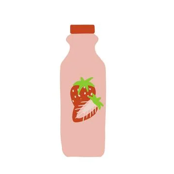 Hand drawn vector illustration of strawberry kefir in plastic pink bottle Illustrazione stock