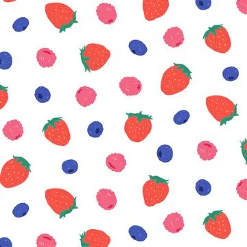 Hand drawn vector illustration of strawberry, blueberry, raspberry pattern. Иллюстрация