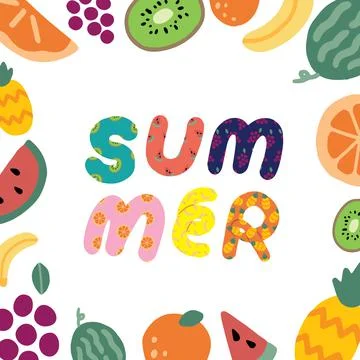 Hand drawn vector illustration of summer text and fruit frame Illustrazione stock